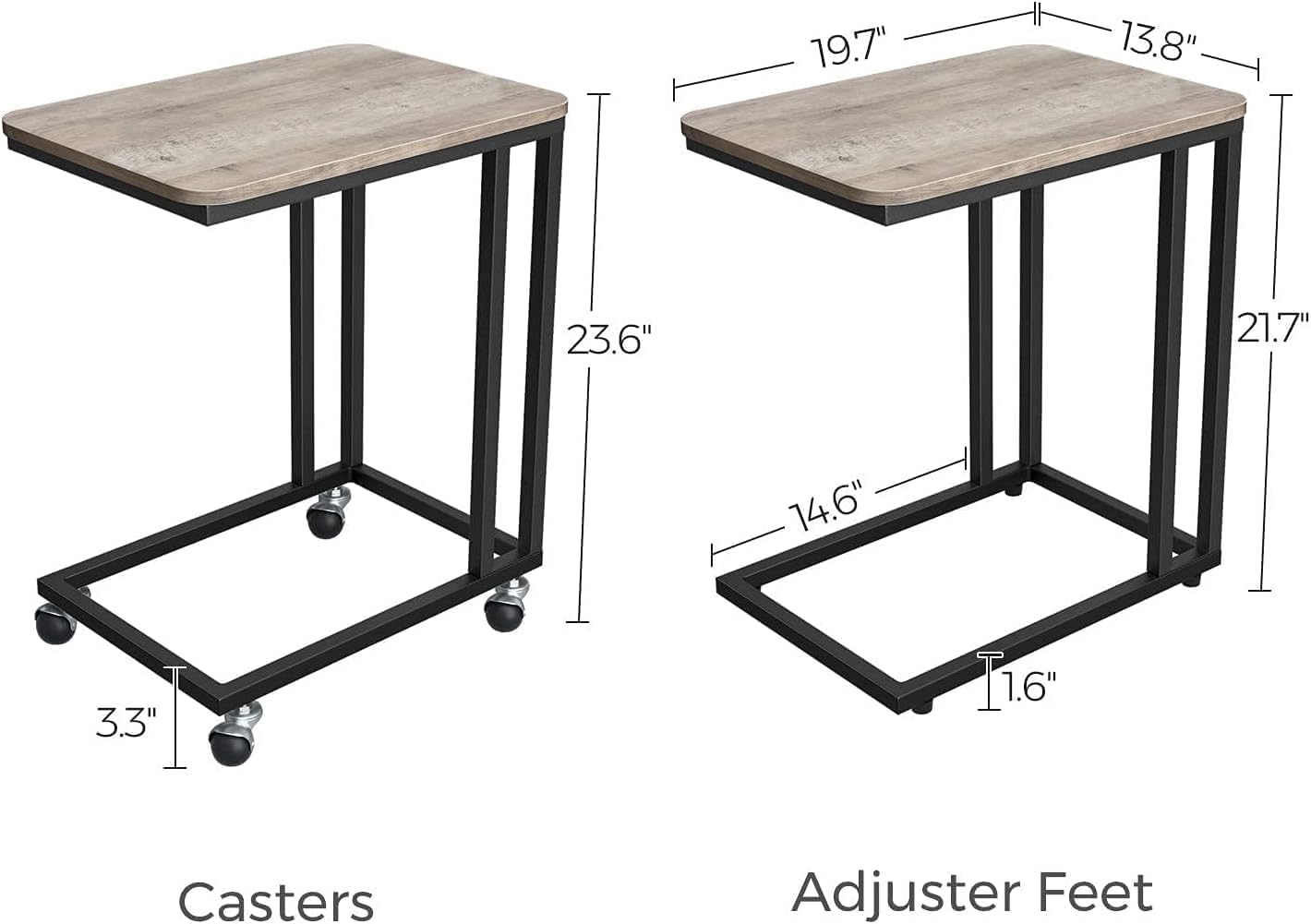 End Table, C Shaped TV Tray with Metal Frame Rolling Casters, Industrial Side Table for Living