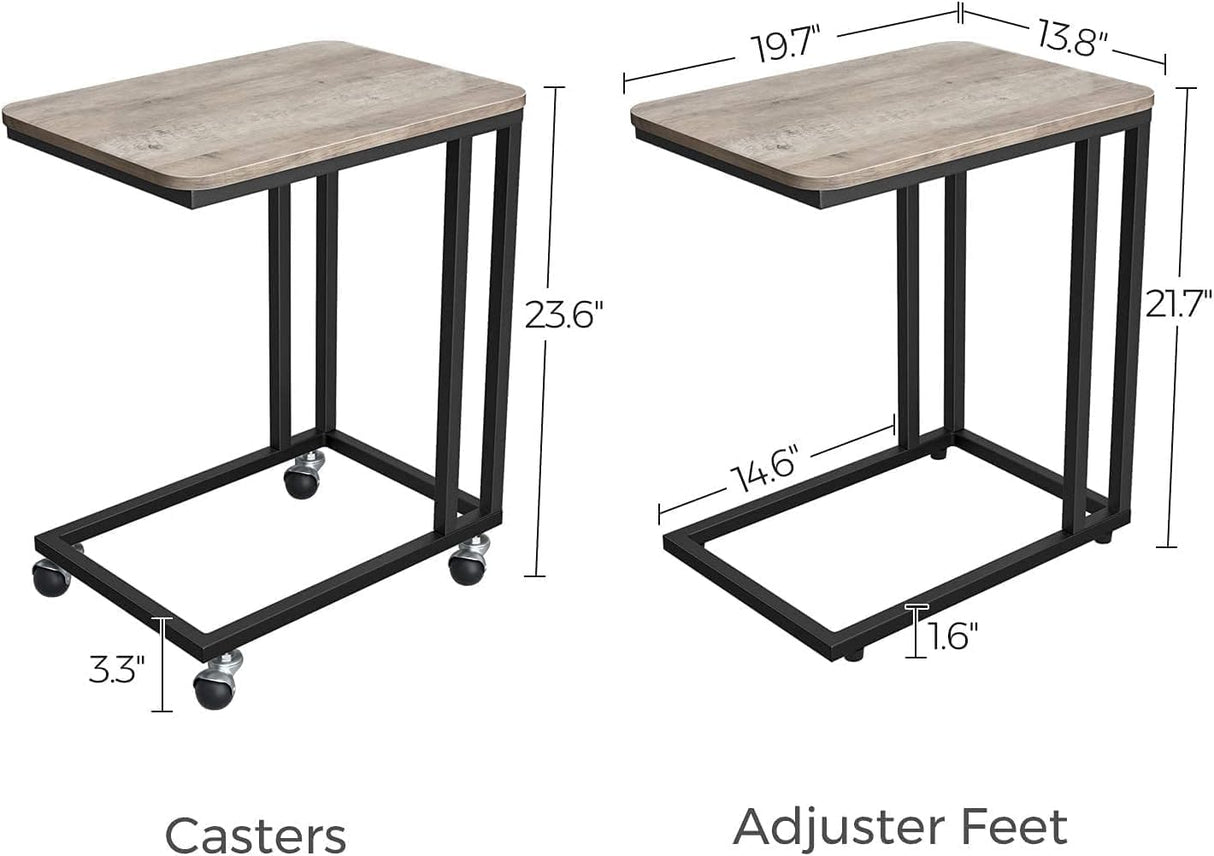 End Table, C Shaped TV Tray with Metal Frame Rolling Casters, Industrial Side Table for Living