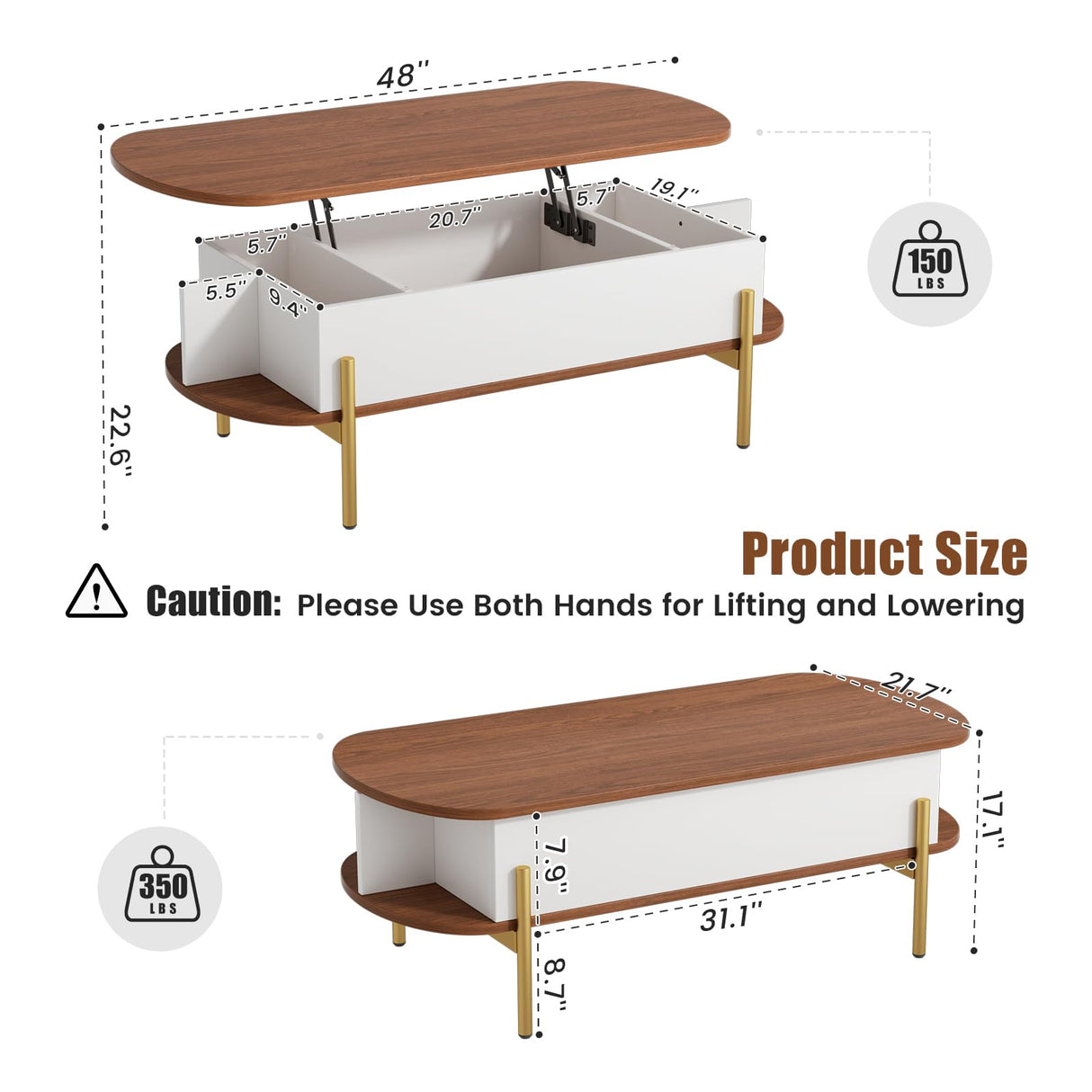 48" Oval Lift Top Coffee Table with Storage Metal Legs & Large Hidden Compartment