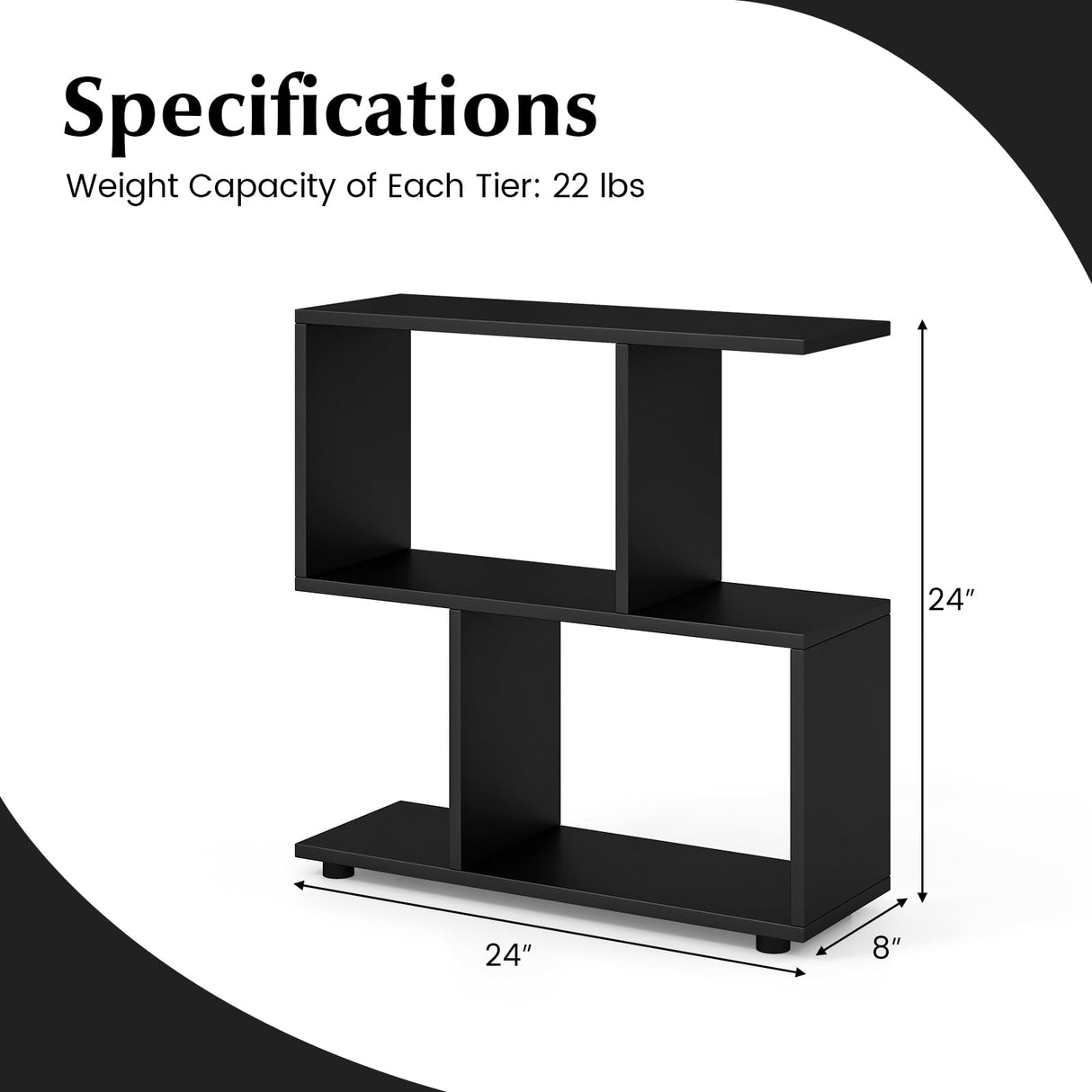3-Tier Geometric Bookshelf, 24" Tall Wood S-Shaped Display Shelves with Thick Foot Pads, Freestanding Open Shelves Nightstand, Floor Standing Display Shelf Bookcase, Black