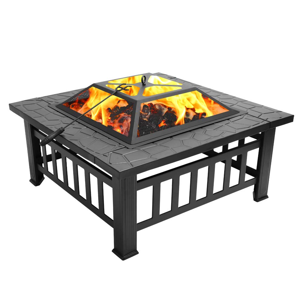32in Wood Fire Pit with Mesh Lid and Fire Poker, Portable Outdoor Fireplace Burning