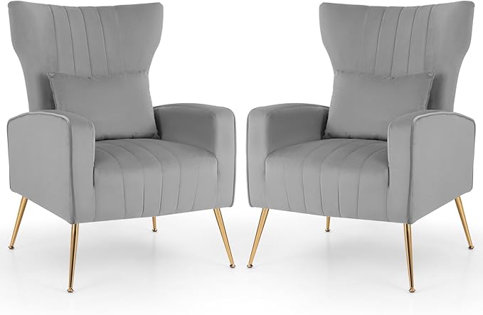 Velvet Accent Chair Set of 2, Upholstered Tufted Wingback Arm Chair w/Lumbar Pillow