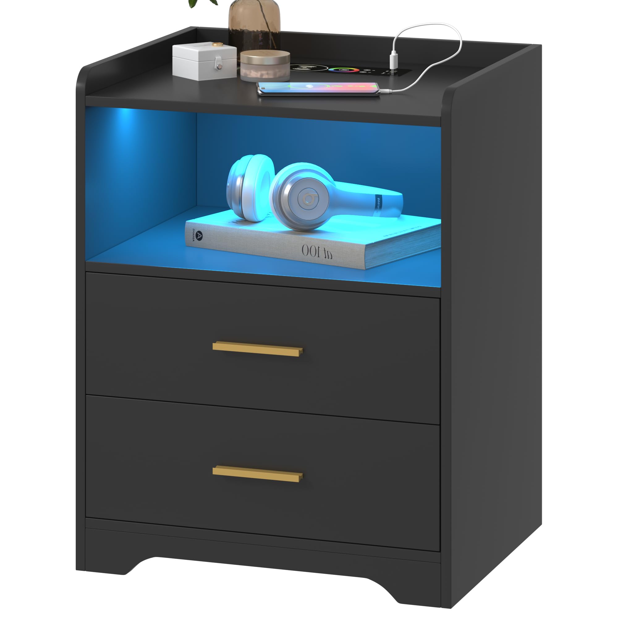 Black LED Nightstand with Charging Station, Night Stands with 24-color RGB LED Lights