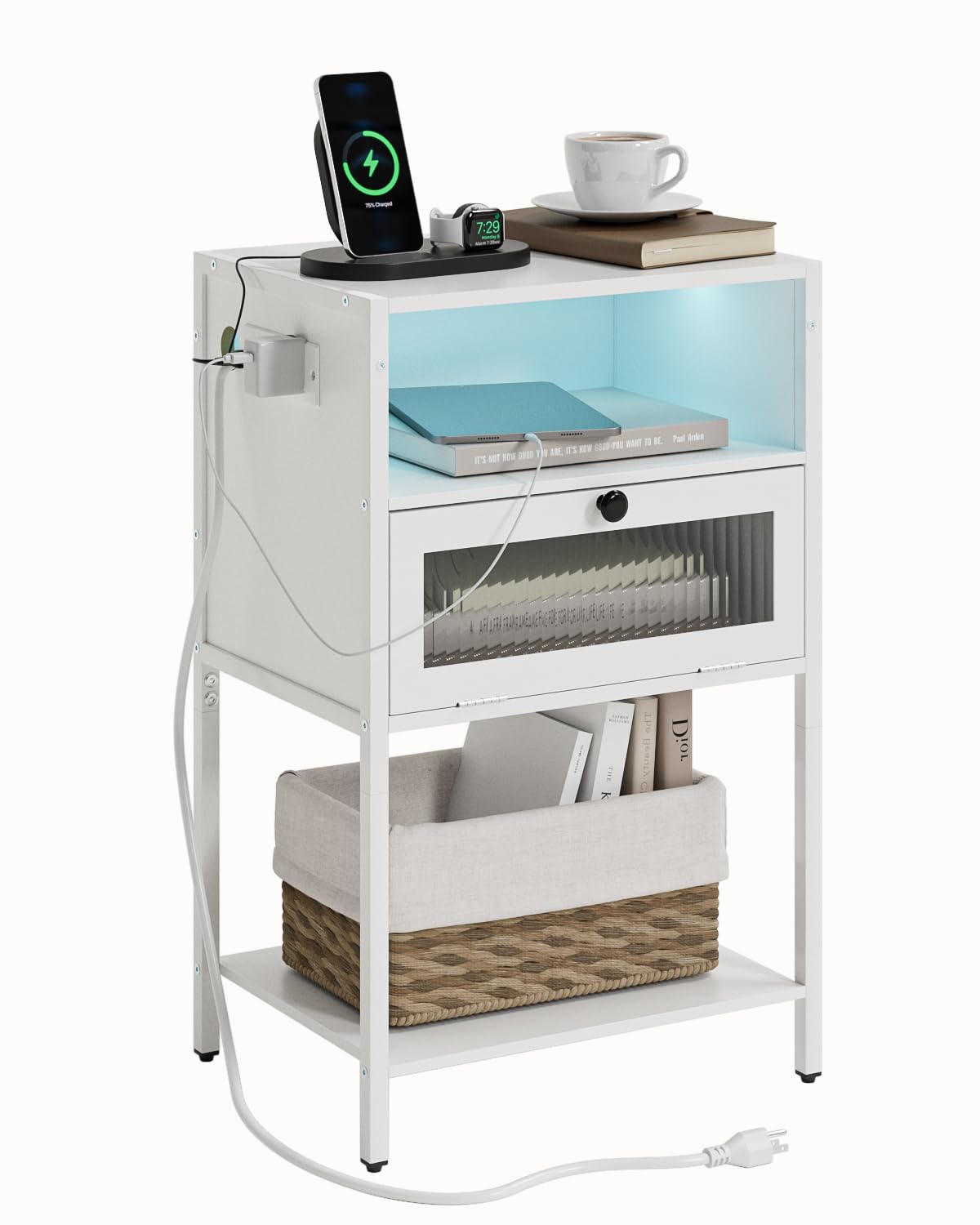 Nightstand with Charging Station and LED Lights, Bedside Table with Storage, Modern