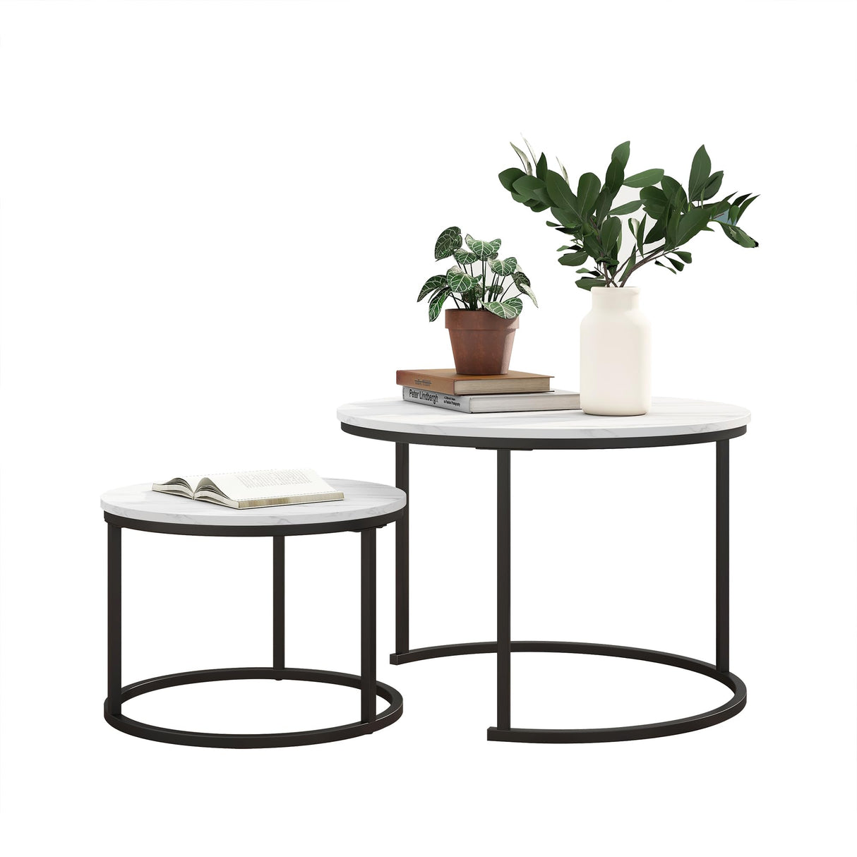 Industrial Round Coffee Table Set of 2 End Table for Living Room