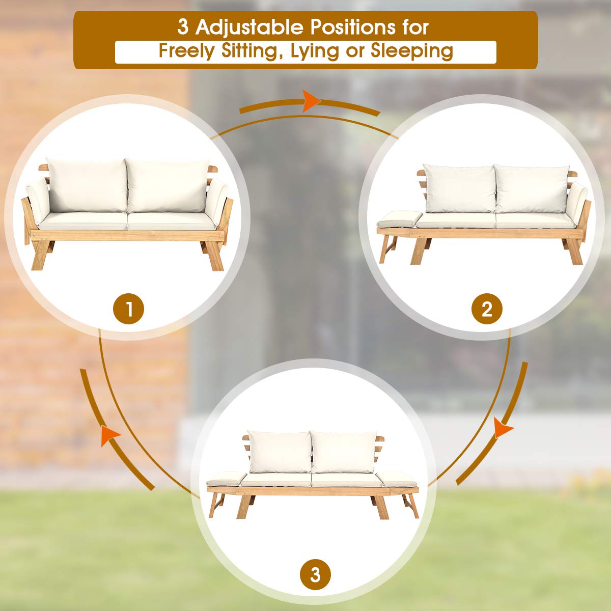 Acacia Wood Patio Convertible Couch Sofa Bed with Adjustable Armrest