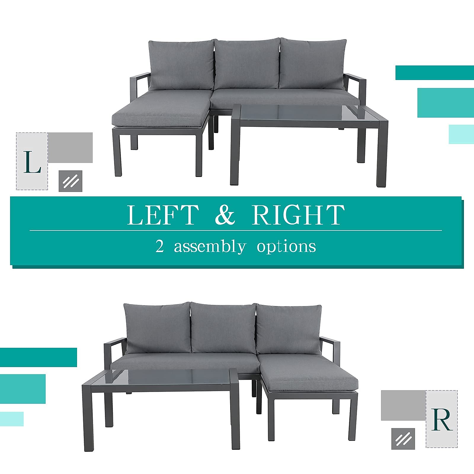 Outdoor Patio Furniture Set with Chaise Lounge, Aluminum Sofa Set for Porch Garden