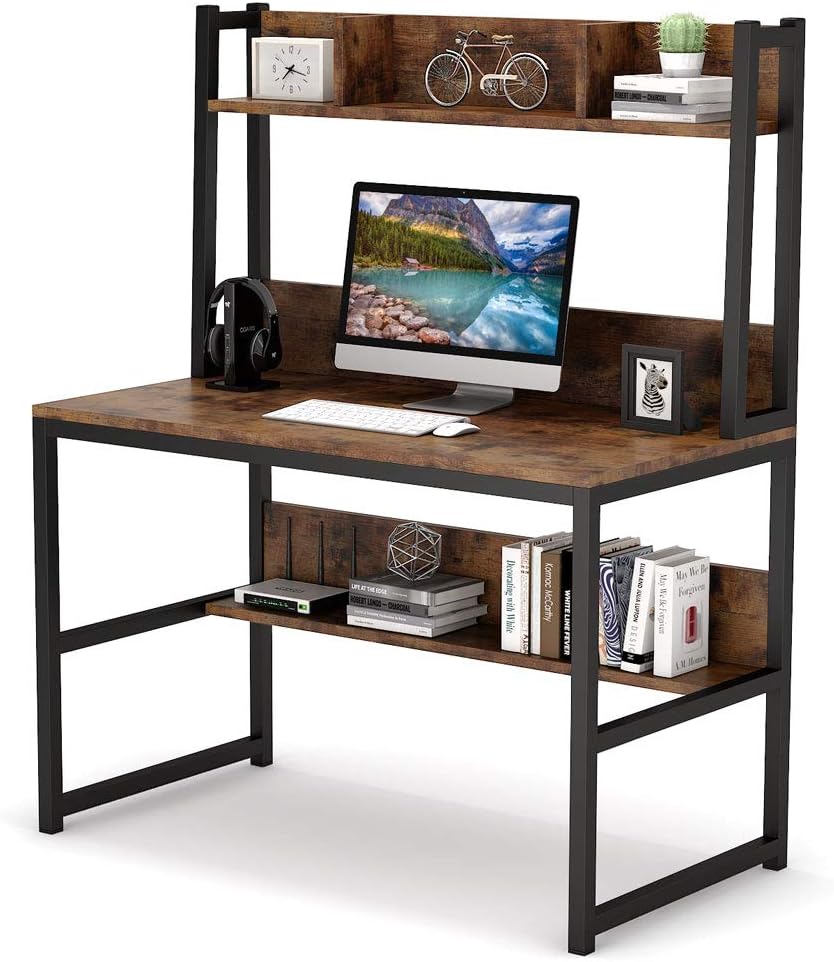 Computer Desk with Hutch, Wooden Small 42-inch Desk, Industrial Simple Office Desk with Storage Space for Home Office