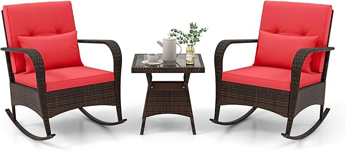 3 Pieces Rocking Bistro Set, Patiojoy Outdoor PE Rattan Rocker Chairs with Removable