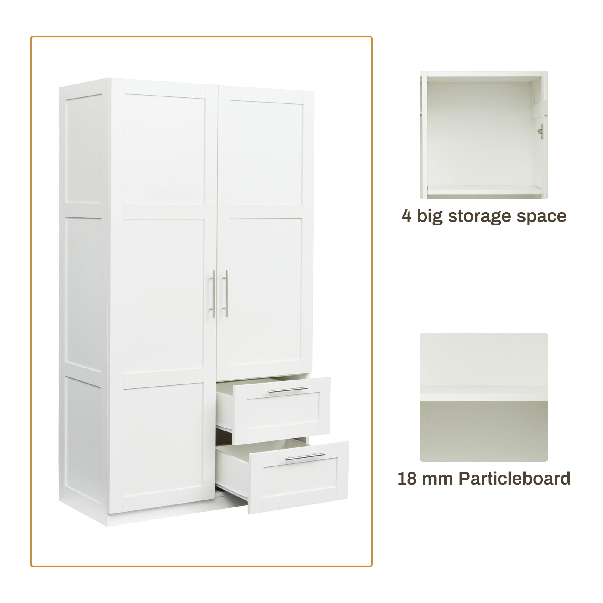 White Two Doors Two Drawers Big Wardrobe Closet Bedroom Armoires