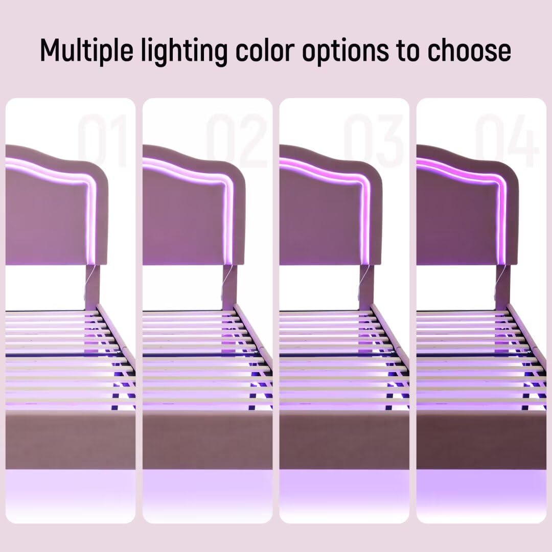 JIJIWANG Queen Size Velvet Upholstered Smart LED Bed Frame with Adjustable Height Headboard,No Box Spring Needed,Easy Assembly,Pink