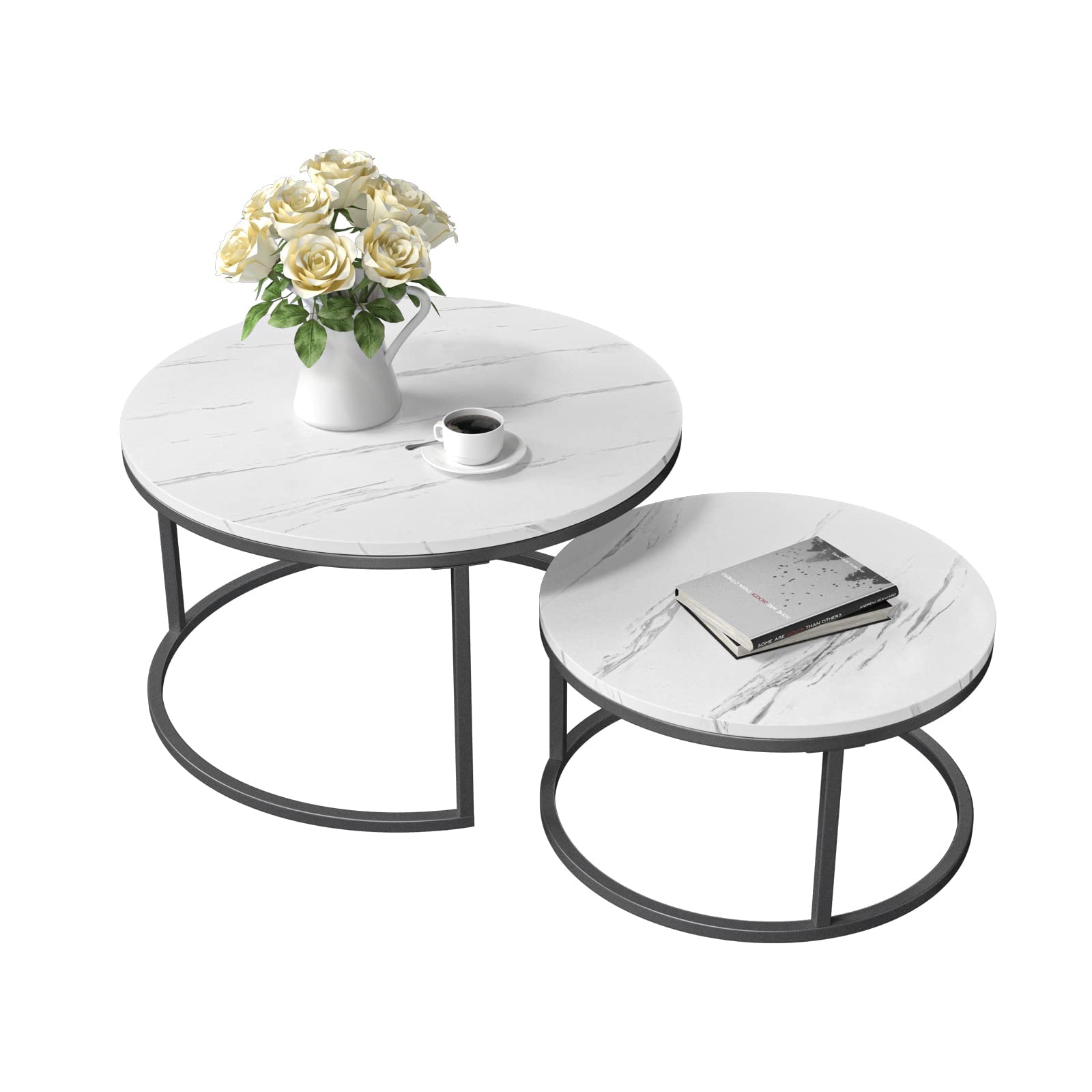 Round Nesting Coffee Table, Set of 2 Modern Coffee Table with Faux Marble Top