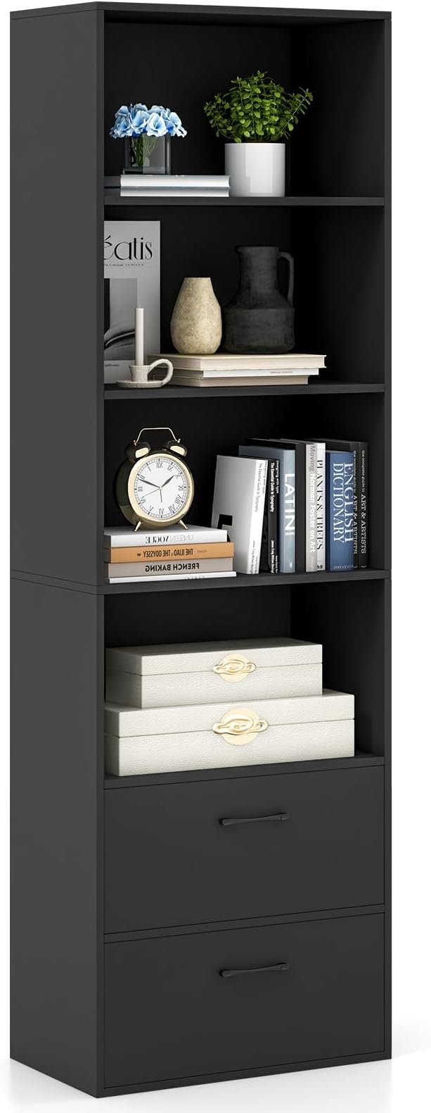 Bookcase with Drawers, Tall Bookshelves and Bookcases, Vertical Bookshelf Tower, Wood