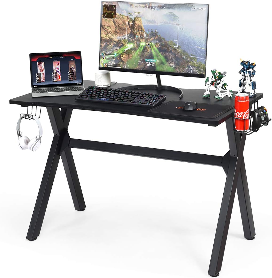 Computer Desk Gaming Desk, Ergonomic E-Sports Desk with Cup & Headphone Holder and Mouse Pad