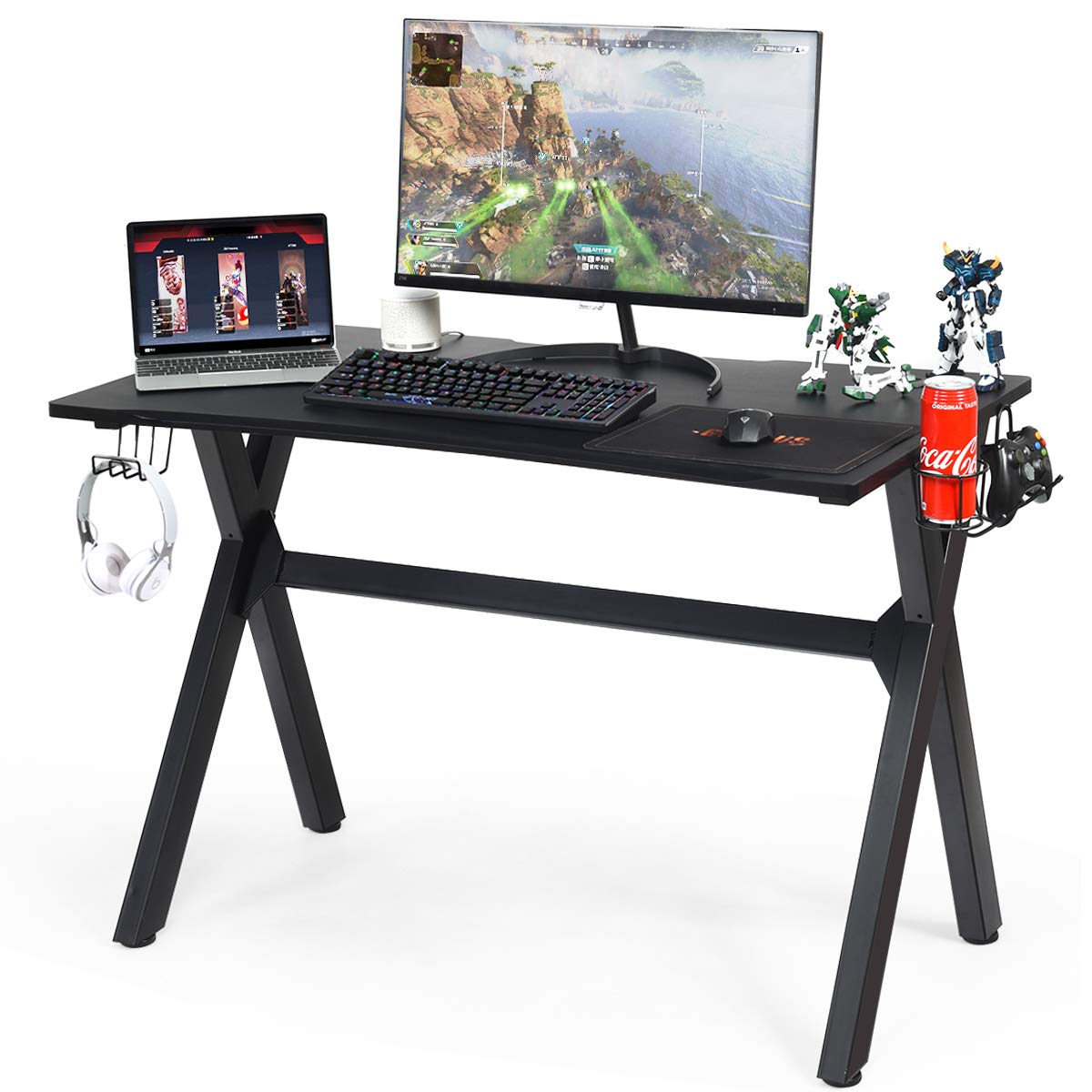 Computer Desk Gaming Desk, Ergonomic E-Sports Desk with Cup & Headphone Holder and Mouse Pad