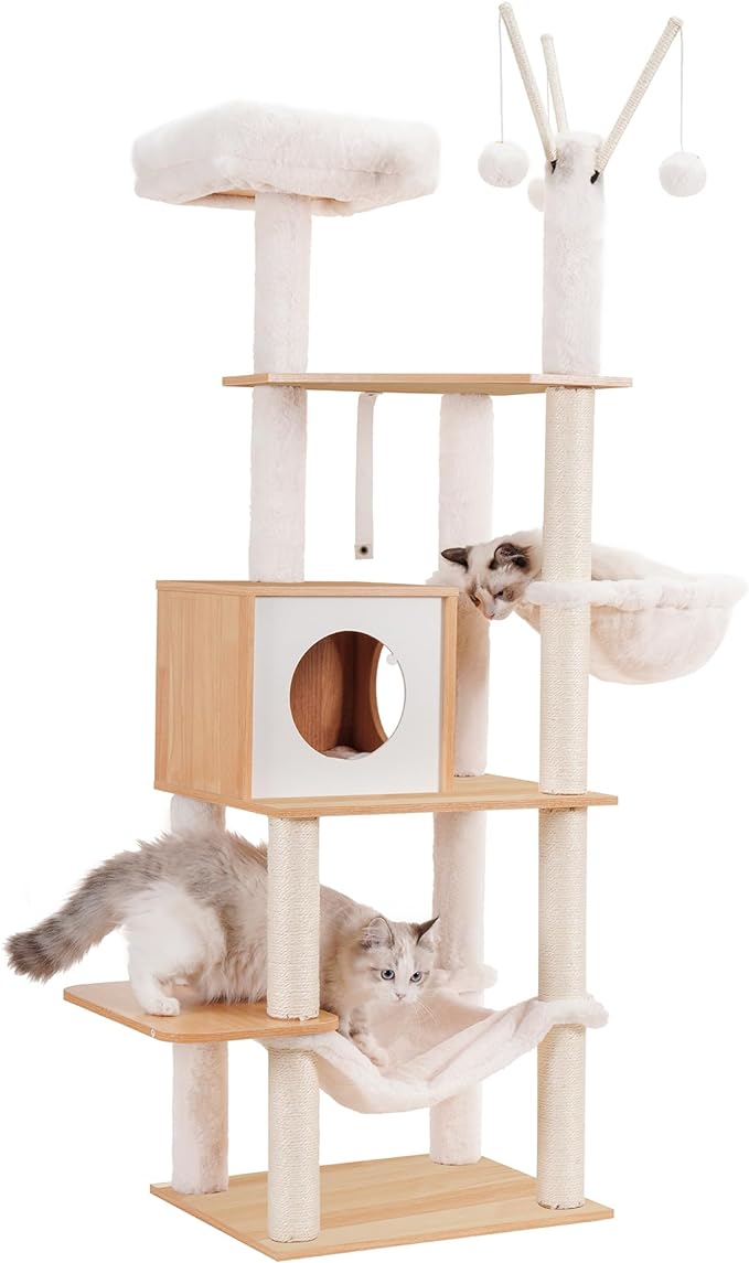 Wooden Cat Tree, 66.1“ Cat Furniture with Scratching Posts, Modern Cat Tower