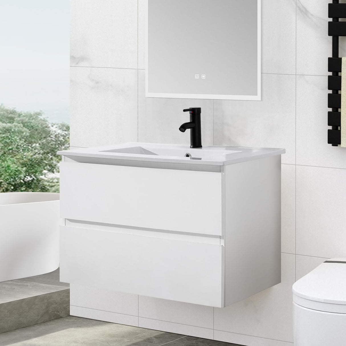 36" Bathroom Vanity Wall Mounted Floating Vanity with Ceramic Sink and Two Drawers