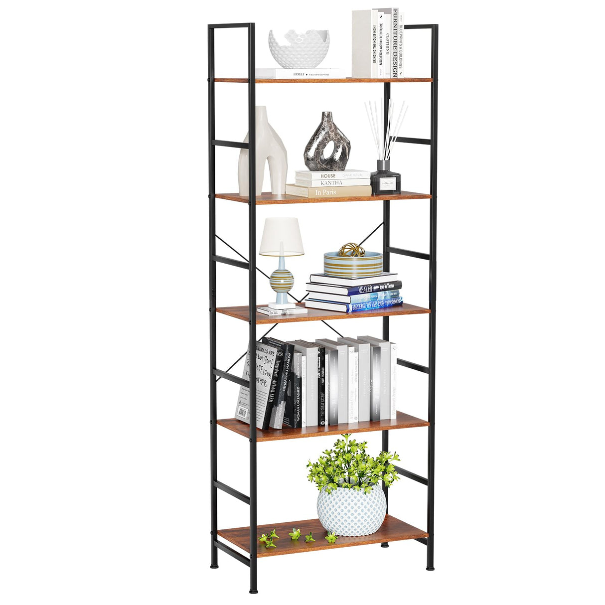 Bookshelf, Bookcase with 5 Tiers, Metal Frame Bookcase, Tall Bookcase Storage Organizer