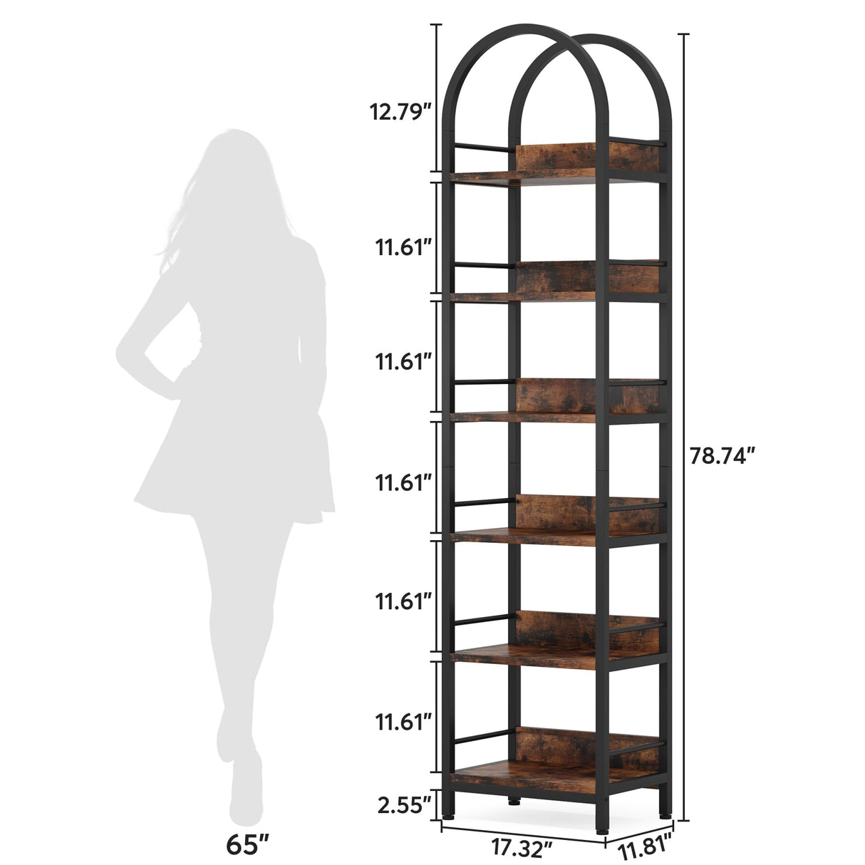 LITTLE TREE 78.7 Inches Tall Arched Bookshelf, 6 Tiers Skinny Open Bookcase with Metal Frame, Freestanding Corner Display Shelves Rack for Living Room, Home Office, Brown