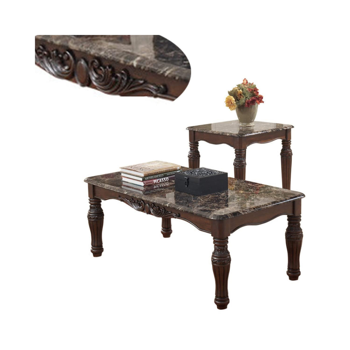Traditional Style Wooden Table Set with Turned Legs and Faux Marble Top, Pack of Three