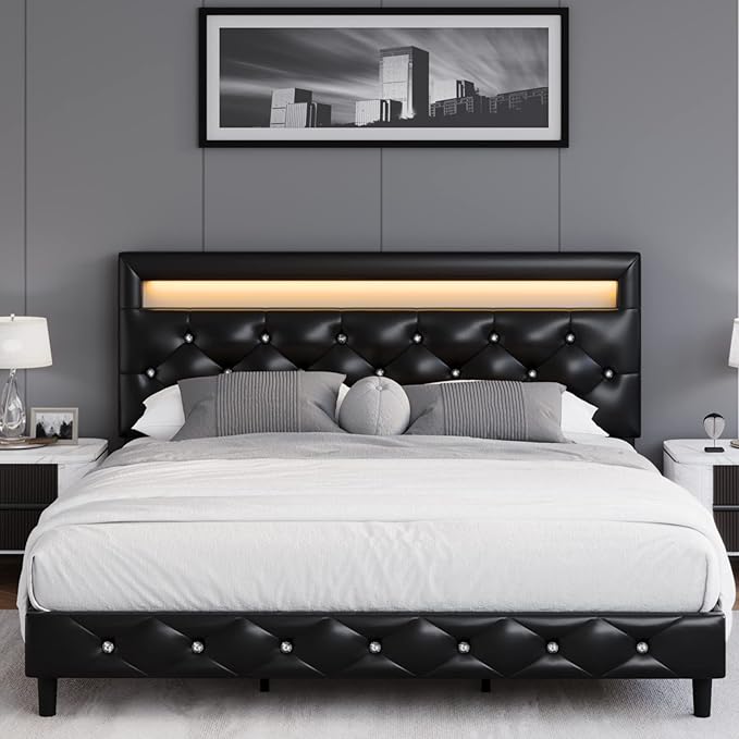 Modern Upholstered Queen Bed Frame with LED Lights