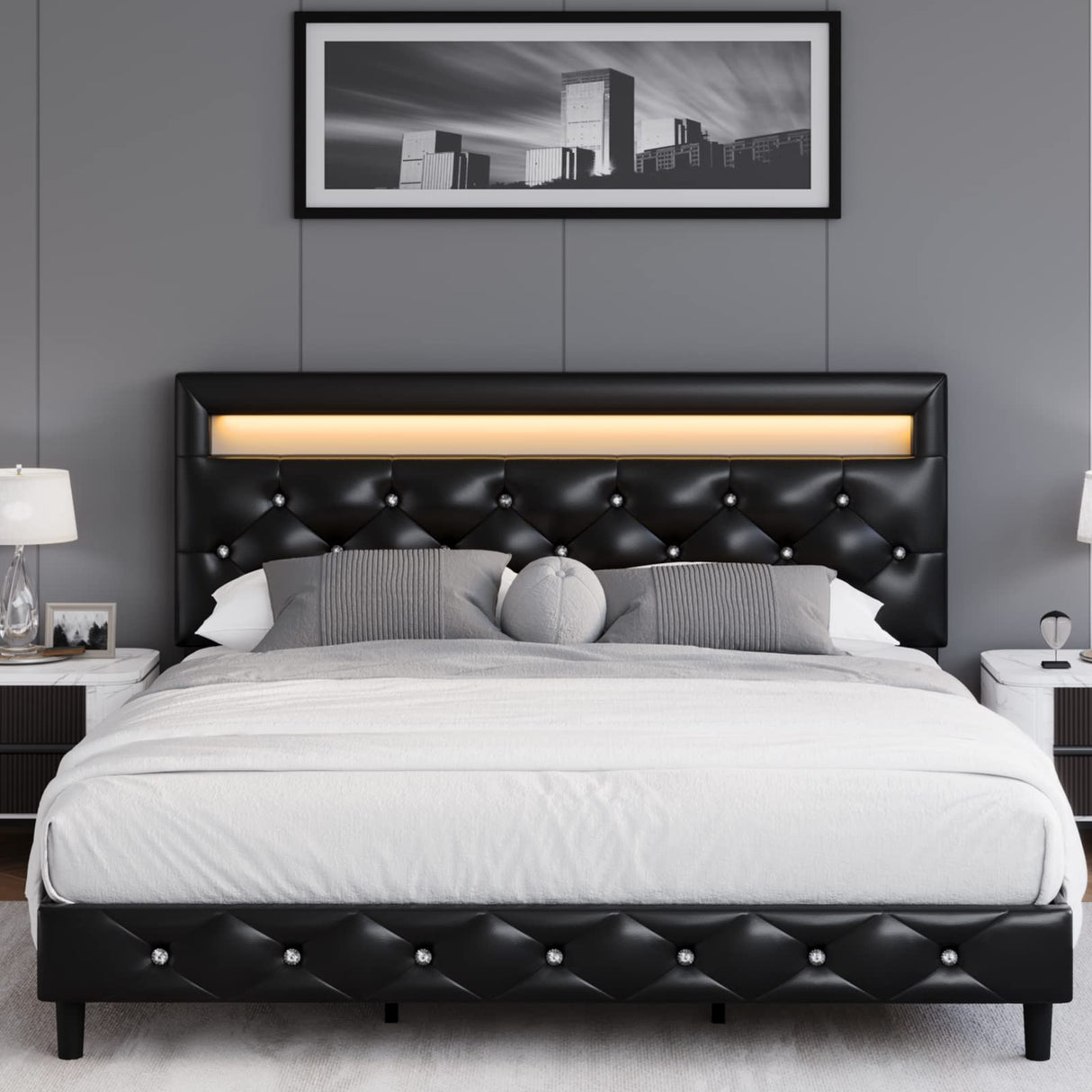 Modern Upholstered Queen Bed Frame with LED Lights