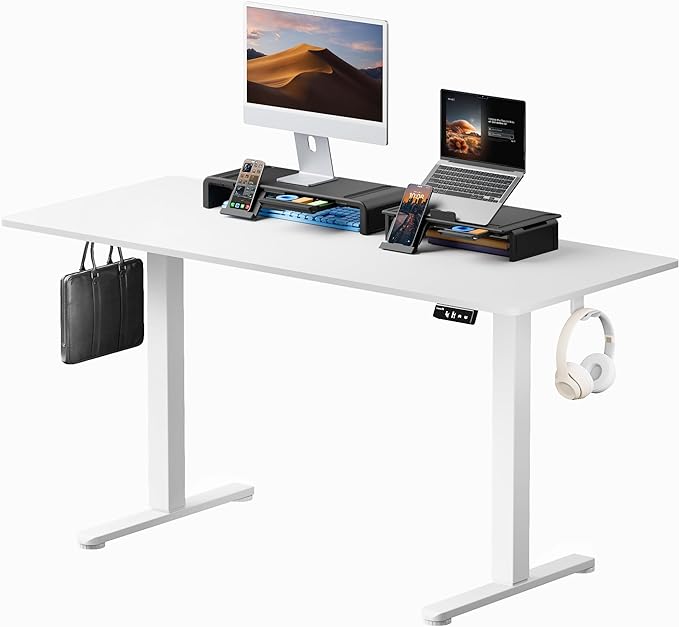 Standing Desk with Dual Monitor Stand Riser, 48 x 24 Inches Height Adjustable Desk with Storage, Electric Stand up Desk with Laptop Stand (Black/White)