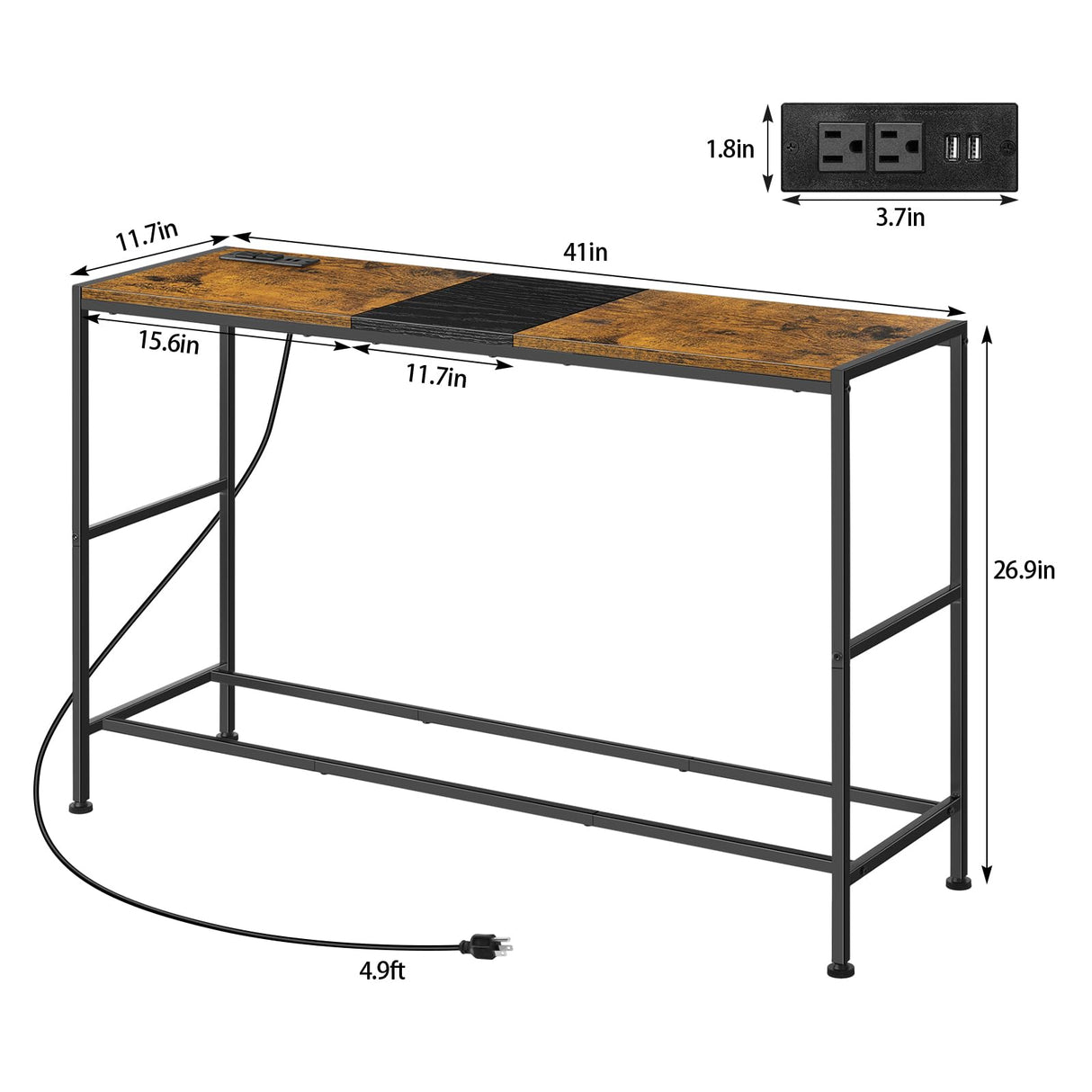 Narrow Console Table with Outlets Industrial Behind Sofa with Charging Station 41 Inch Thin Table Stand for Entryway,