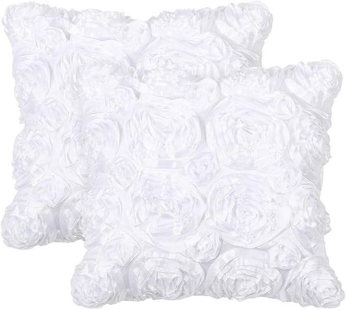 2 Pcs 3D Flowers Throw Pillow Cover, Romantic Decorative Satin Cushion Cover