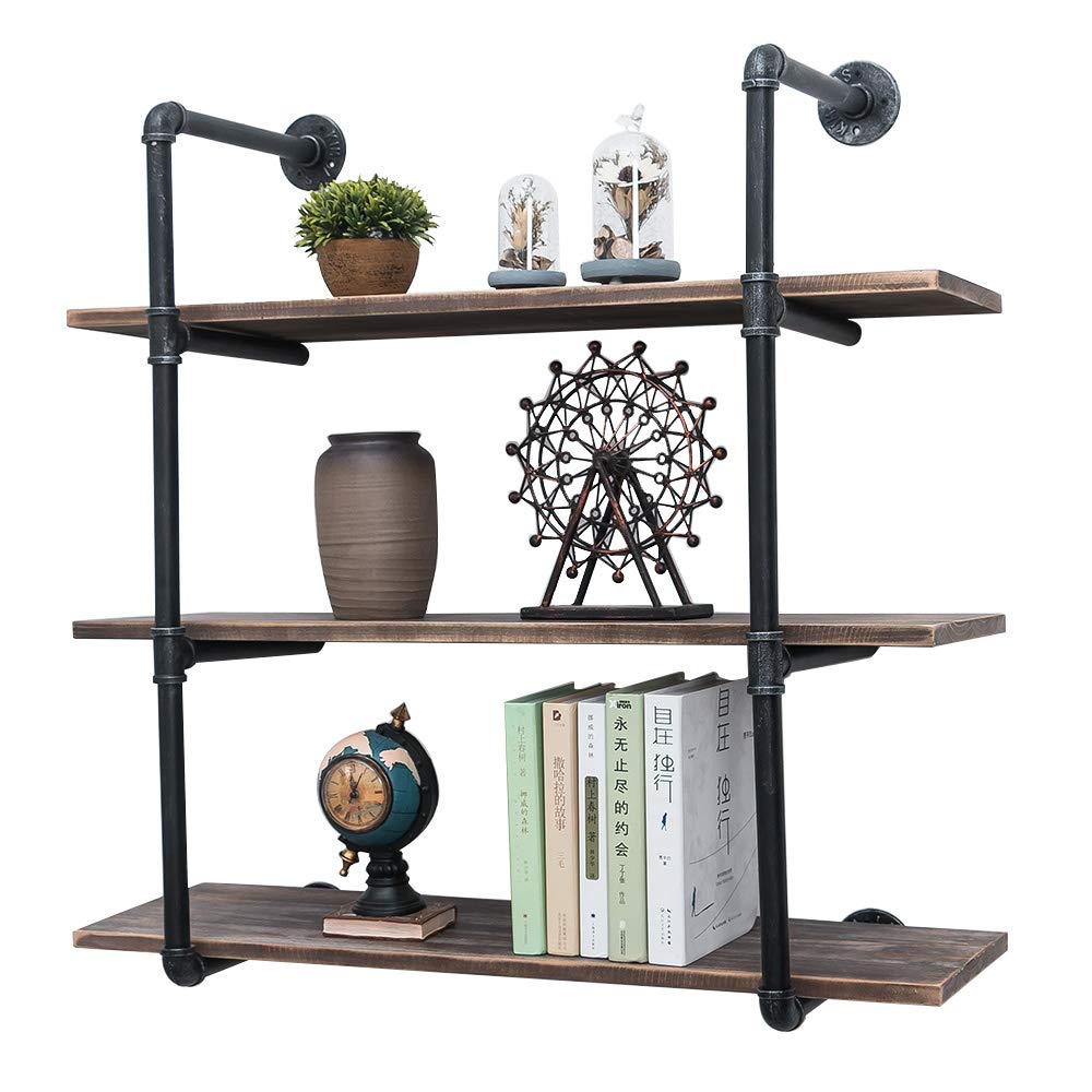 Industrial Pipe Shelving Wall Mounted,Rustic Metal Floating Shelves,Steampunk Real Wood