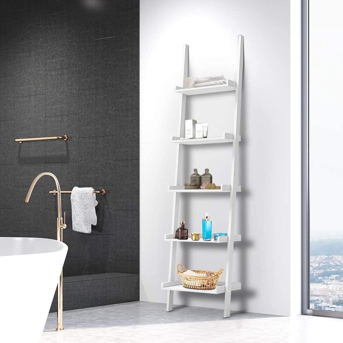 FANTASK White Ladder Shelf, Elegant 5-Tier Leaning Bookshelf, Wood Plant Flower Stand, Stable Storage Rack Shelves for Living Room, Office, Kitchen, Home