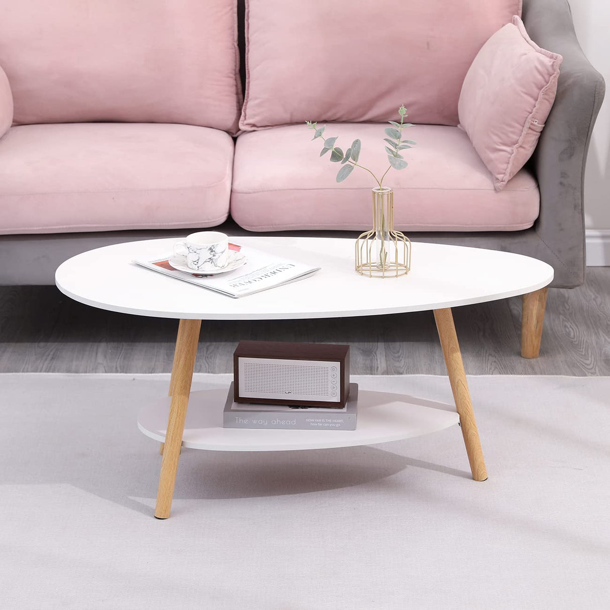 Oval Wood Coffee Table Modern Style Double Layer with Open Storage