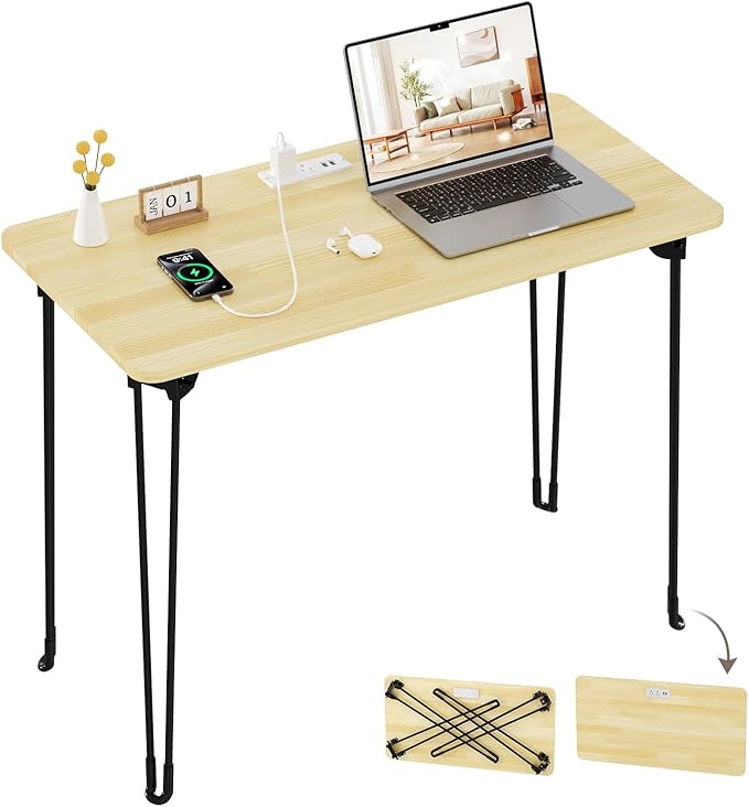 Folding Desk, 31.5" Hairpin Legs Small Desk with Power Strip for Bedroom