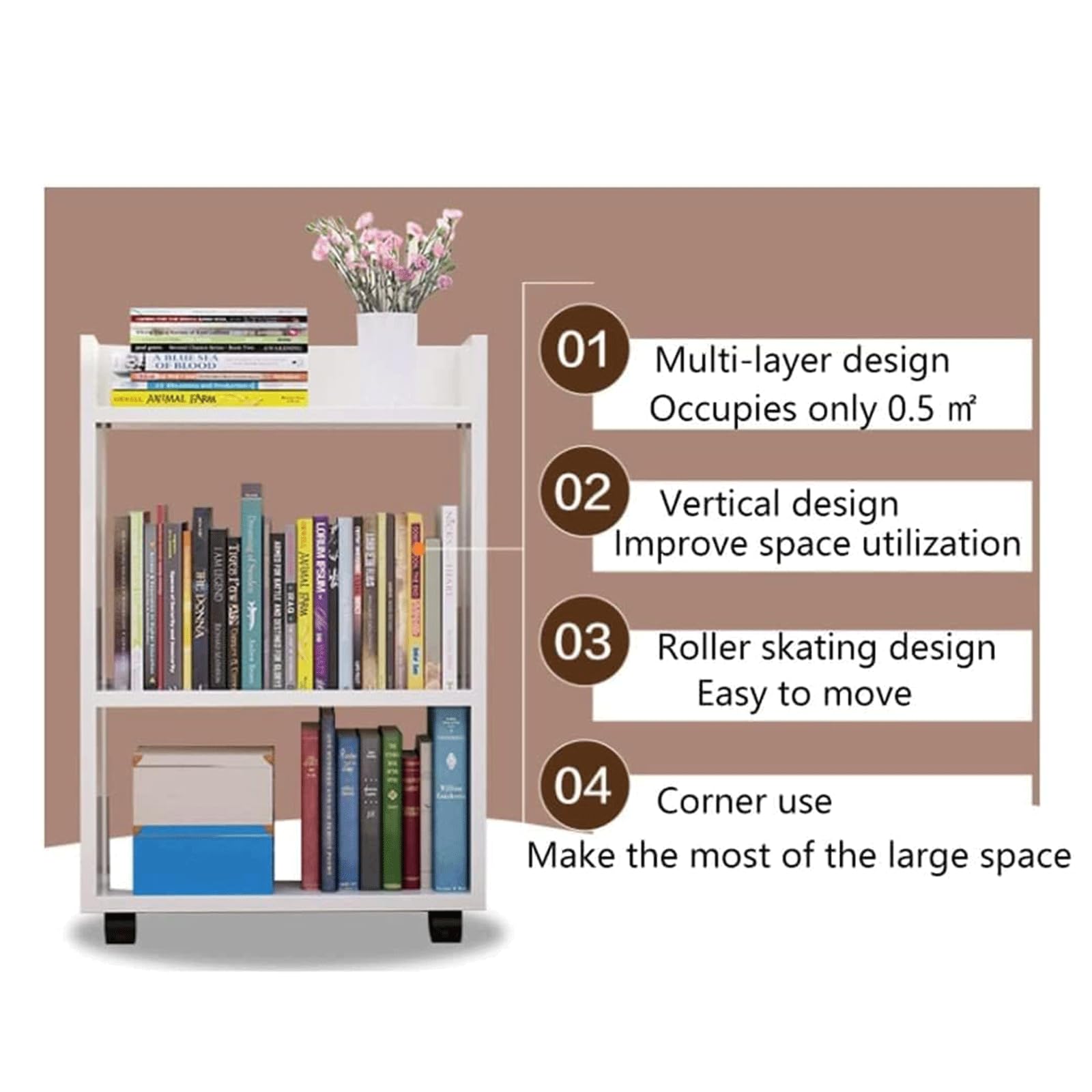 Flexible Bookcases 2 Tiers Bookshelf with Wheels Rolling Bookcase Simple Large Capacity Bookshelves Living Room Bedroom Family Book Rack Perfect Furniture
