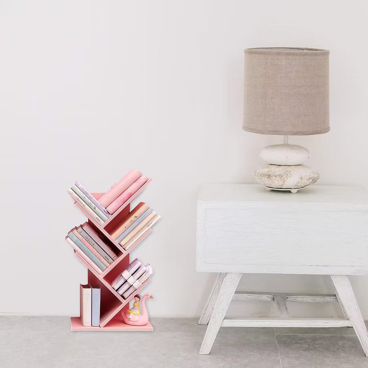 Tree Bookshelf,4-Layer Floor Standing,The Desktop Bookshelf Can Hold Books,Magazines,CDs and Photo Albums,Office Storage Rack,Pink