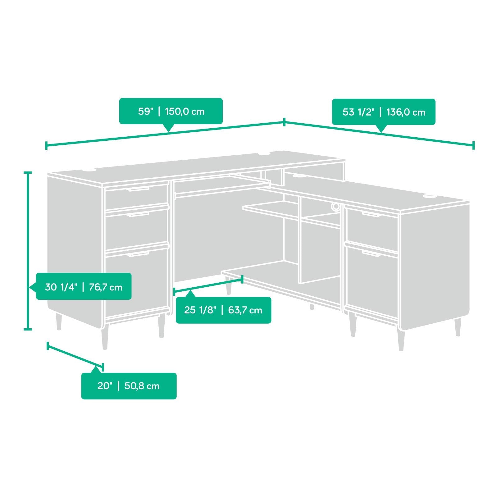 Place L-Desk, L: 59.06" x W: 53.54" x H: 30.2", in Grand Walnut finish