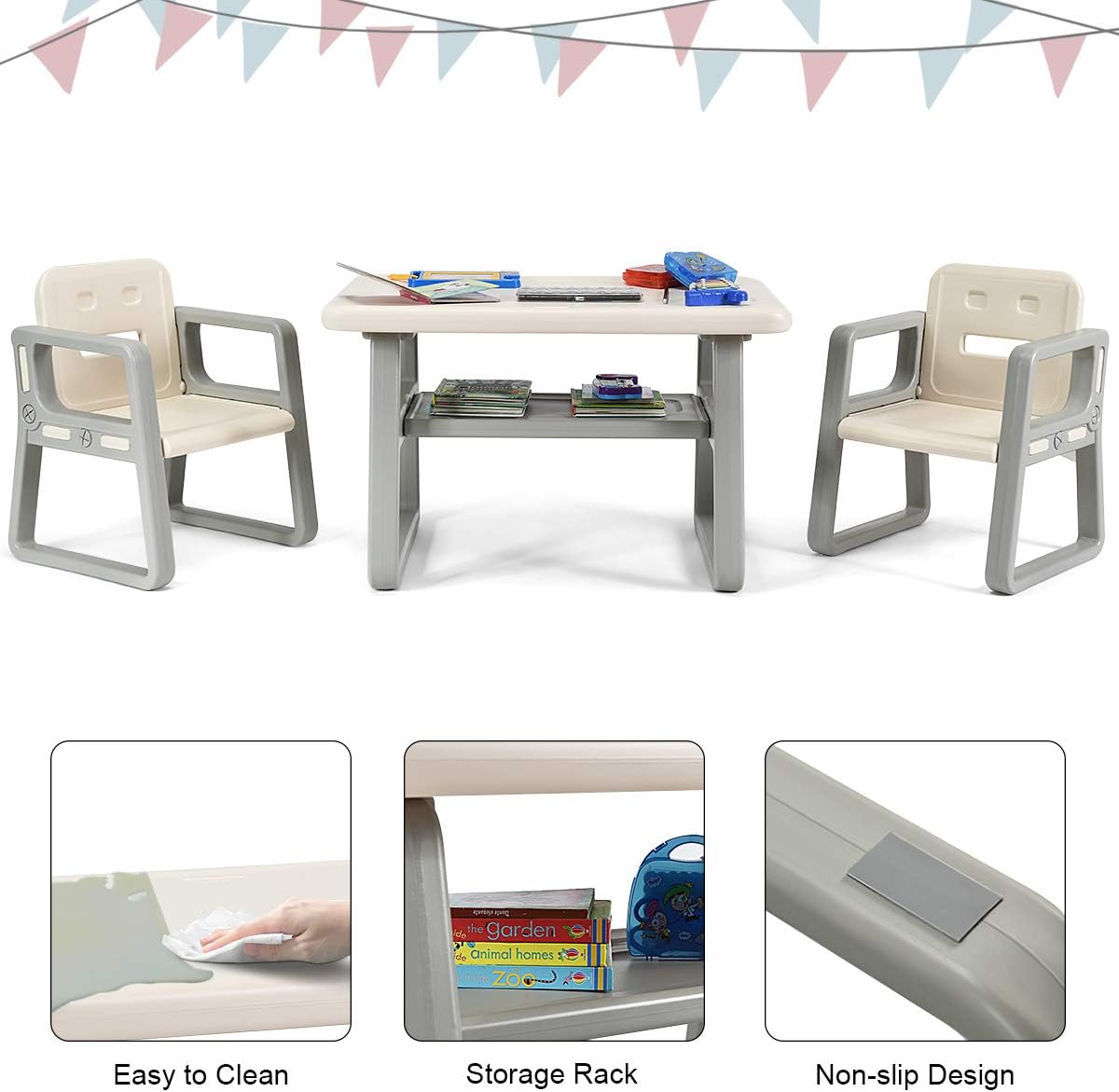 Kids Table and Chair Set, Children Activity Table & 2 Chairs w/Storage Rack