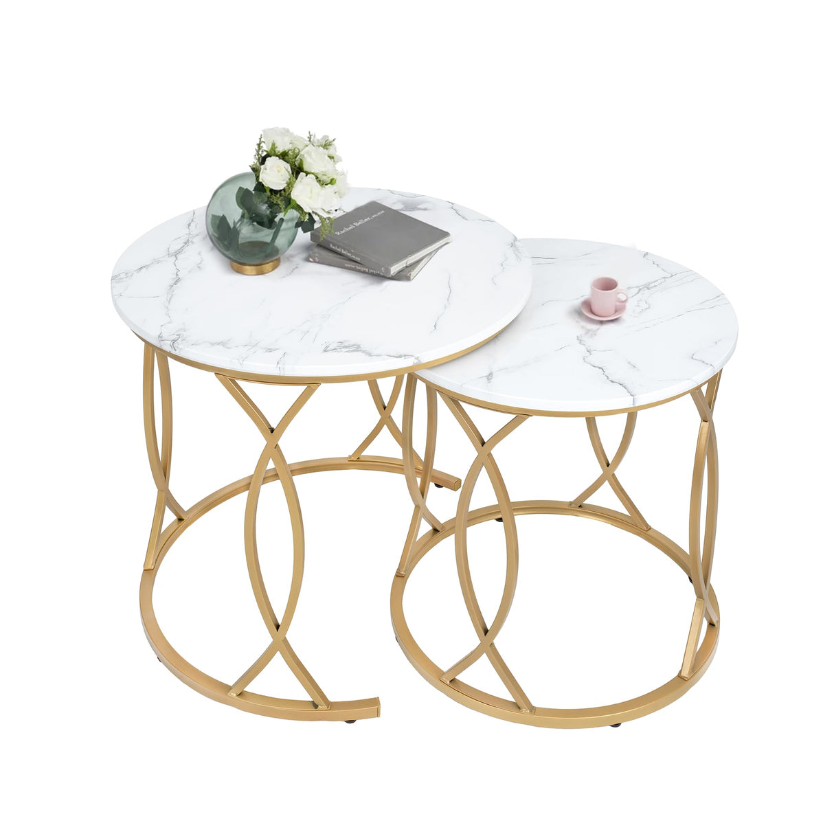 Gold Nesting Coffee Table Set of 2, Round Coffee Tables for Living Room