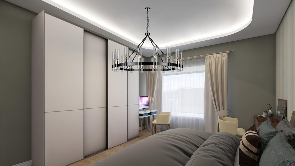 48 Inch Black Wagon Wheel Chandelier with Glass Shade, 16 Lights, Modern Farmhouse