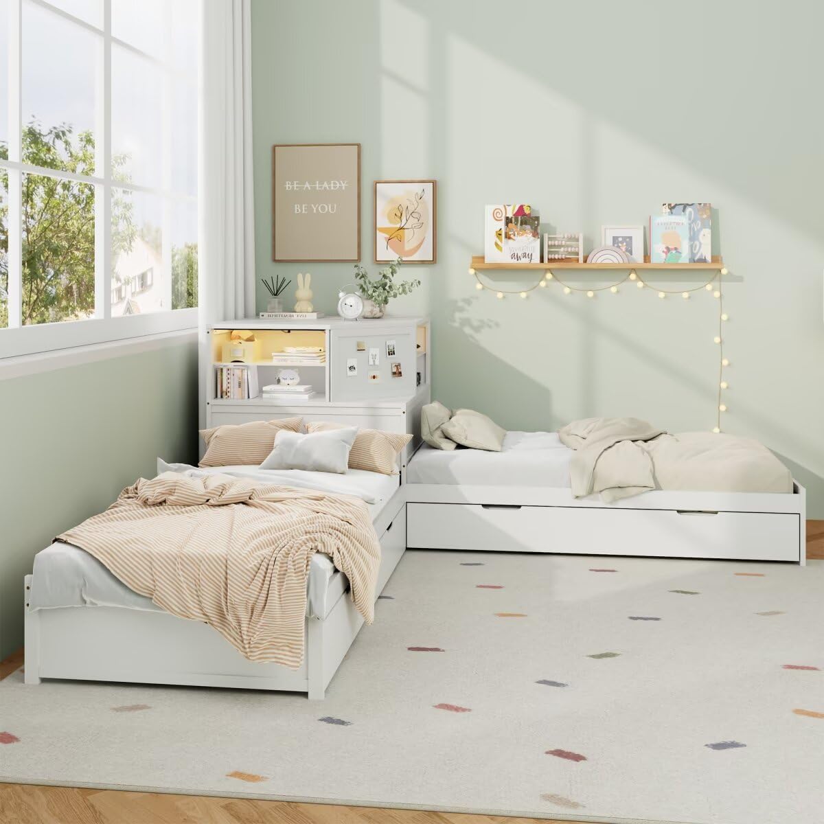 Bed with Trundle and Drawer,3-in-1 Low Corner Platform Bed Linked with Built-in Desk