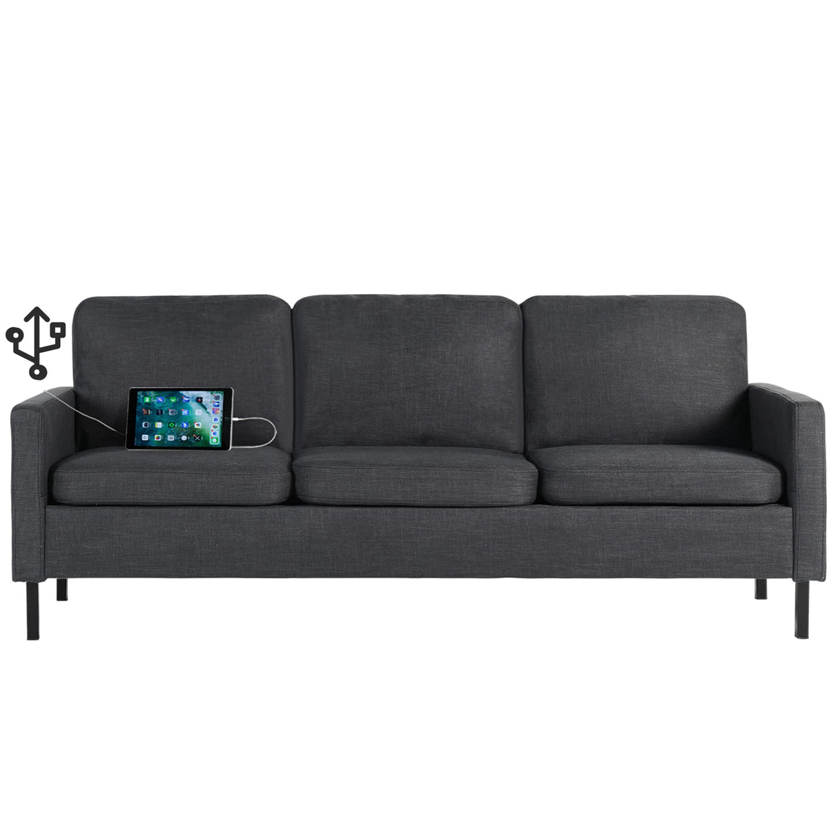 72" W Fabric 3 Seater Couch with 2 USB, Comfortable Sectional Couches and Sofas
