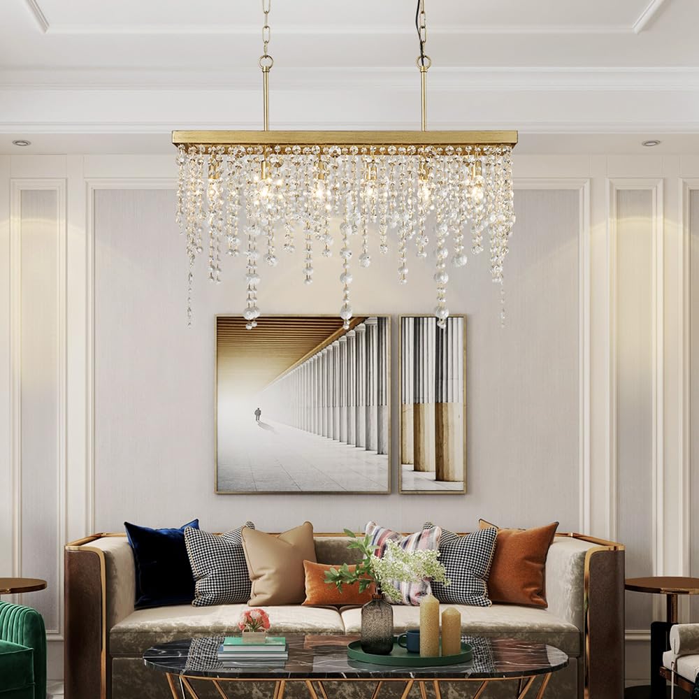 6-Lights Gold Chandeliers for Dining Room, Modern Crystal Pendant Light Fixture,