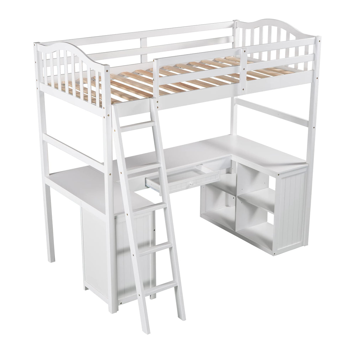 Loft Bed with Desk and Drawers, Wooden Twin Loft Bed with Storage Shelves and