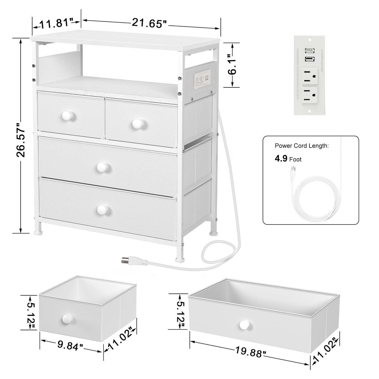 Nightstand with Charging Station, Bedside Table with 4 Drawers and 2-Tier Shelf, Modern