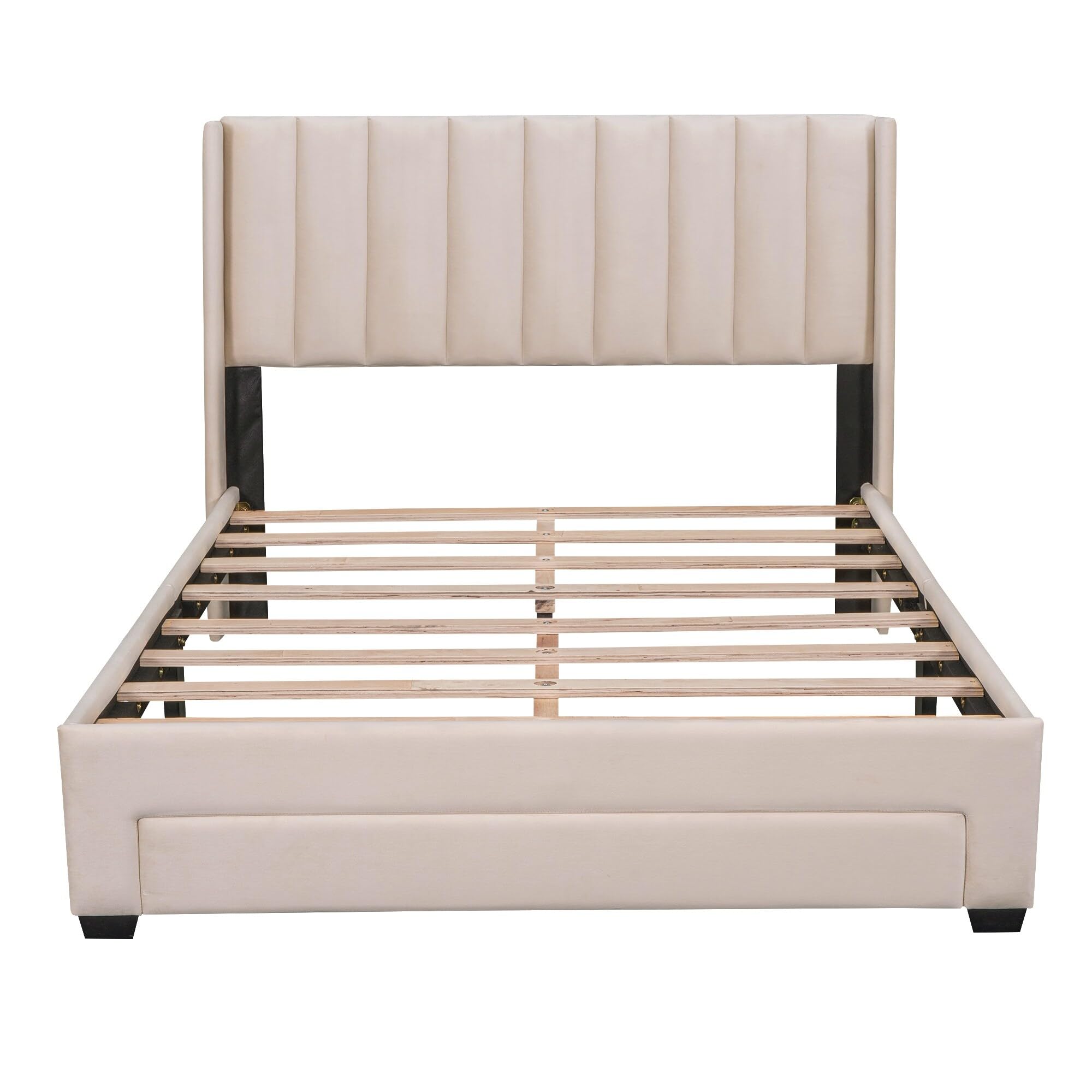 Velvet Platform Bed with Big Drawer Beige - Full