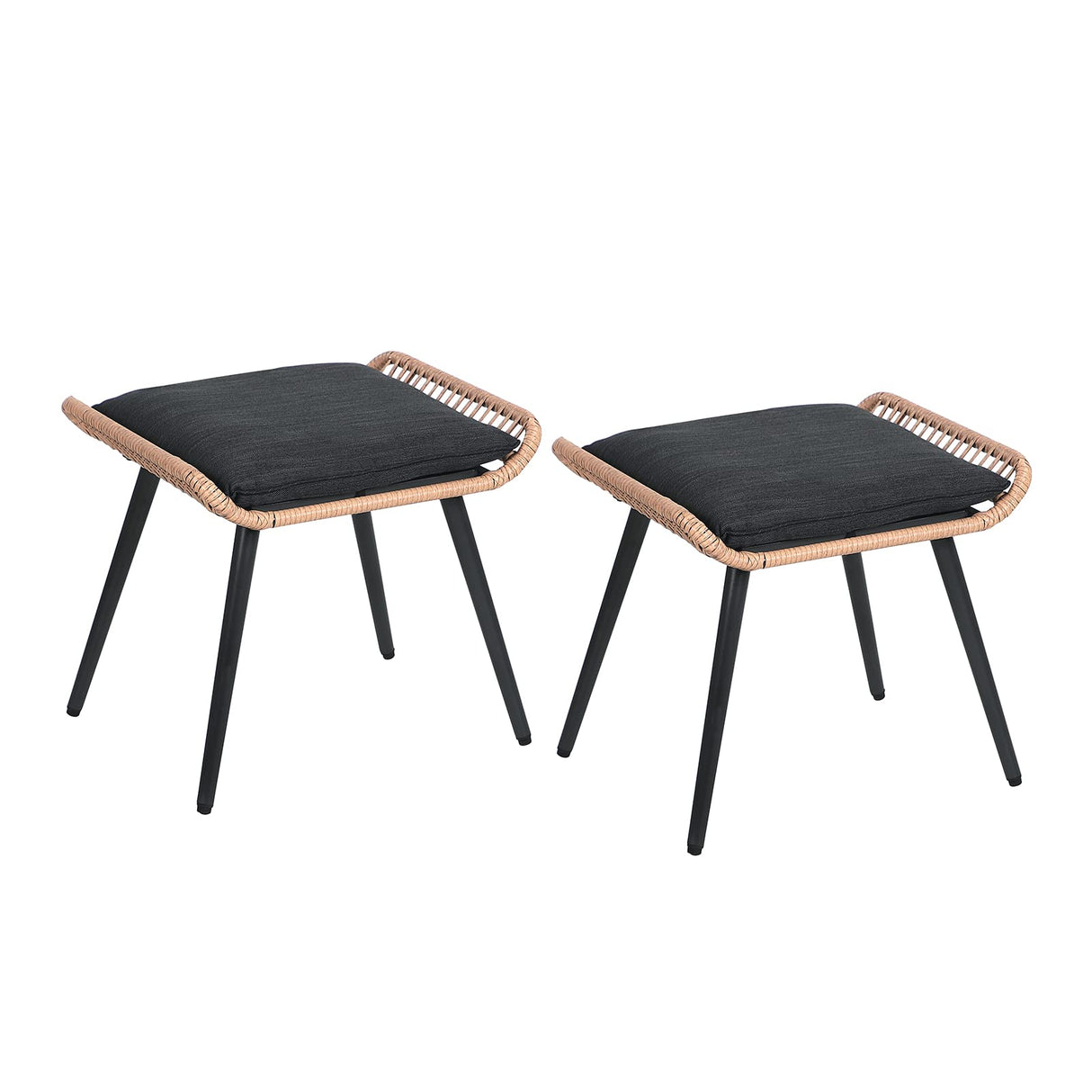 Outdoor Wicker Ottoman Set of 2, Patio Rattan Ottomans with Seat Cushions