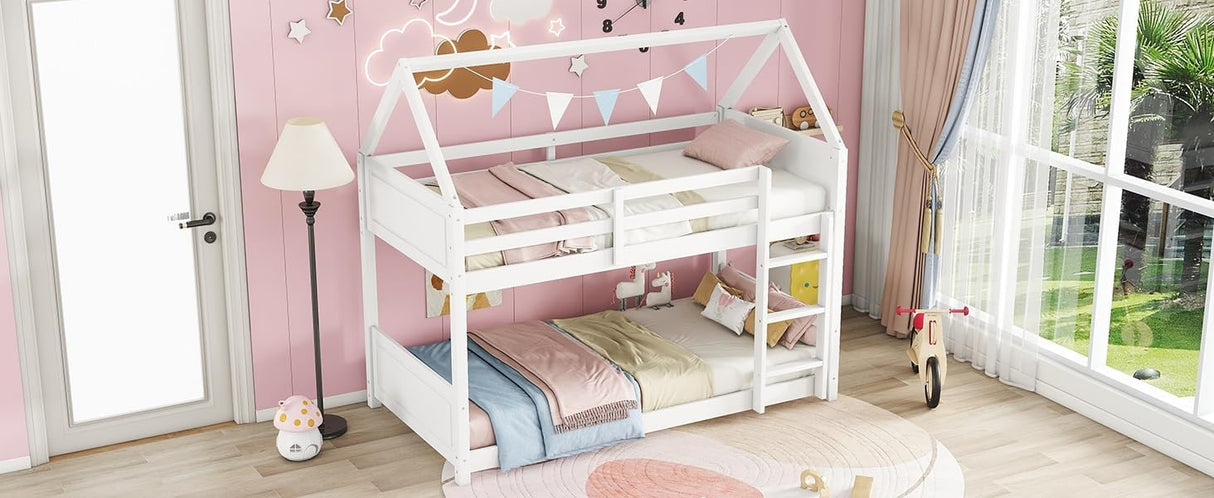 Twin Over Twin House Floor Bunk Bed, Wooden Bunk Bed with Headboards, Footboards, Guardrails and Ladder, Space-Saving Design, Safety Guaranteed, White