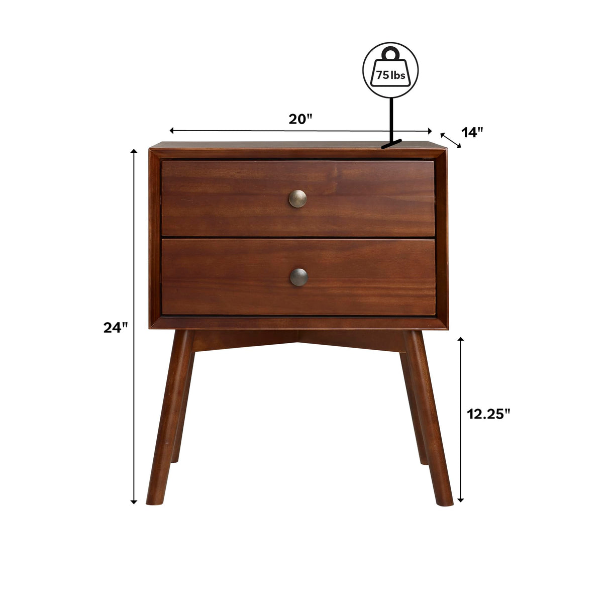 Ellwood Mid-Century Modern 2-Piece Solid Wood 2-Drawer Nightstand Set, 2 Pack