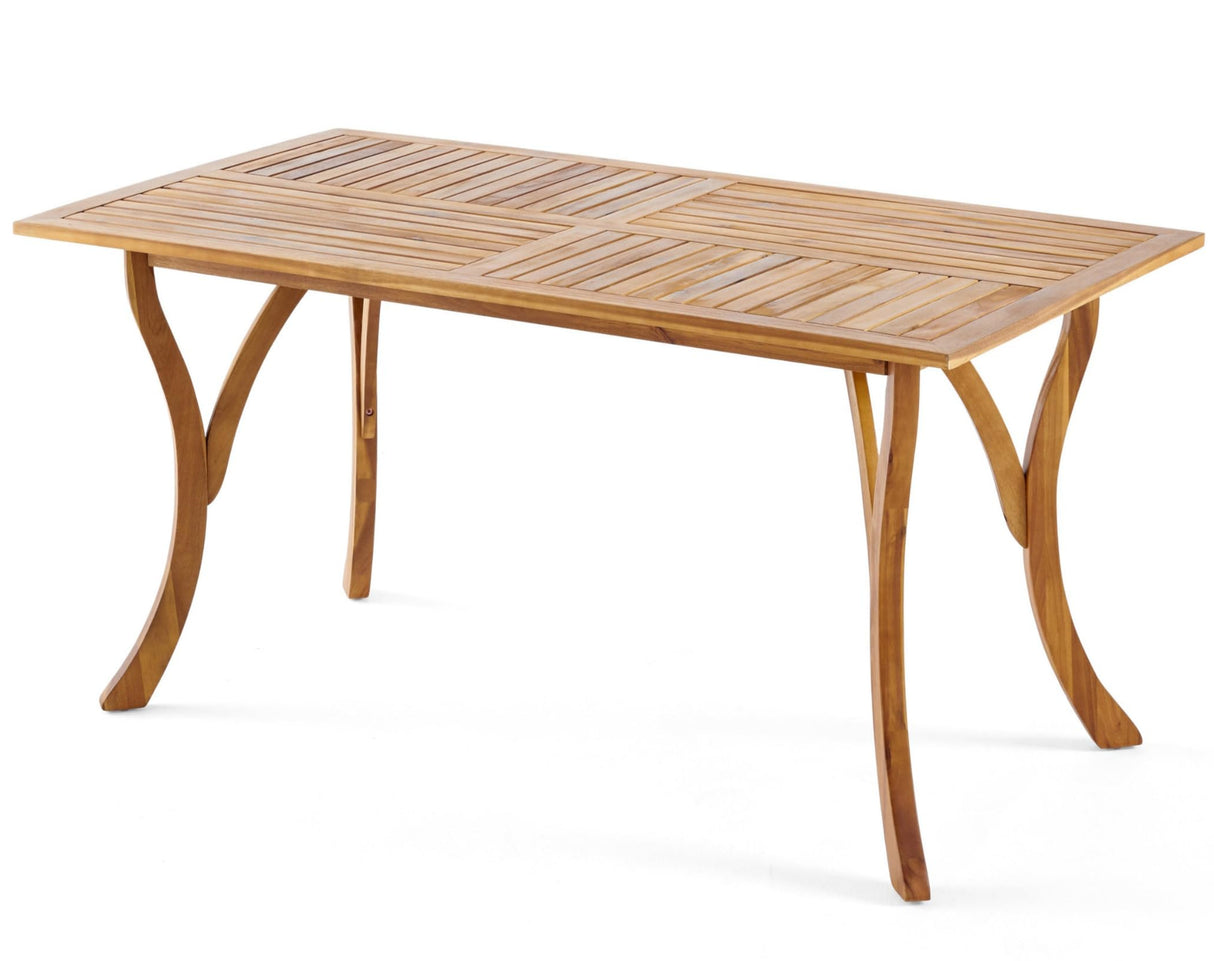 Olen Outdoor Dining Table, Slatted Rectangular 59 Inch, Brown Wood