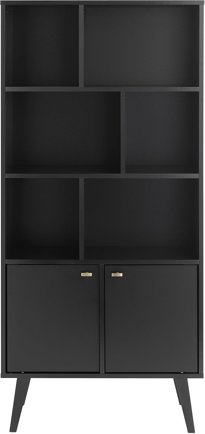 Mid-Century Modern Bookcase with Six Shelves, Two Doors, and Brushed Brass-Finished